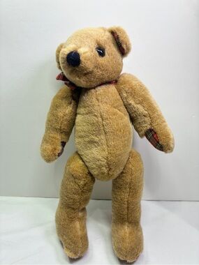Tan Plush Teddy Bear with Plaid Trim